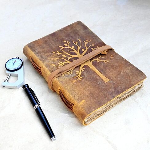 Vintage Leather Journal Tree of Life - Leather Bound Journals - Old Deckle Edge Paper Sketchbook or Watercolor Journal for Women Men - Book of Shadows Grimoire (9"x6") by Modest Goods in Saudi Arabia