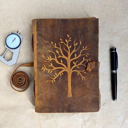 Vintage Leather Journal Tree of Life - Leather Bound Journals - Old Deckle Edge Paper Sketchbook or Watercolor Journal for Women Men - Book of Shadows Grimoire (9"x6") by Modest Goods in Saudi Arabia