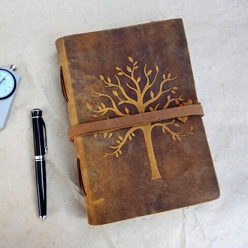 Vintage Leather Journal Tree of Life - Leather Bound Journals - Old Deckle Edge Paper Sketchbook or Watercolor Journal for Women Men - Book of Shadows Grimoire (9"x6") by Modest Goods in Saudi Arabia