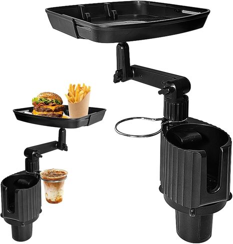 Upgraded Car Cup Holder Tray, 4 in 1 Extendable Cup Holder Food Tray for Car with Phone Holder and Double Cup Holders, Car Tray for Round Cup Holder, Road Trip Essentials Accessories (1) in Saudi Arabia
