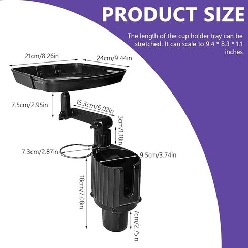 Upgraded Car Cup Holder Tray, 4 in 1 Extendable Cup Holder Food Tray for Car with Phone Holder and Double Cup Holders, Car Tray for Round Cup Holder, Road Trip Essentials Accessories (1) in Saudi Arabia