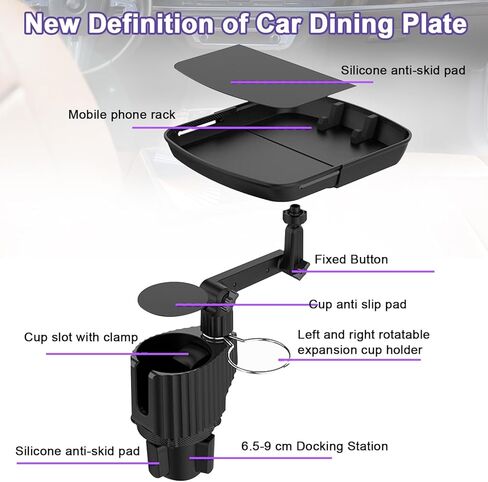 Upgraded Car Cup Holder Tray, 4 in 1 Extendable Cup Holder Food Tray for Car with Phone Holder and Double Cup Holders, Car Tray for Round Cup Holder, Road Trip Essentials Accessories (1) in Saudi Arabia
