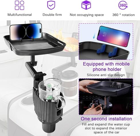 Upgraded Car Cup Holder Tray, 4 in 1 Extendable Cup Holder Food Tray for Car with Phone Holder and Double Cup Holders, Car Tray for Round Cup Holder, Road Trip Essentials Accessories (1) in Saudi Arabia