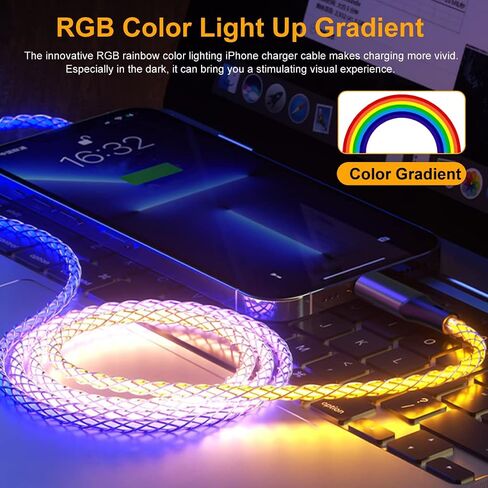 MFi Certified iPhone Cable, 3.3ft RGB Color Light Up Gradual Lightning Charger Cable USB Fast Charging High Speed Data Sync Cord for iPhone 14 13 12 11 Pro Max XR XS X 8 7 6 Plus, iPad More in Saudi Arabia