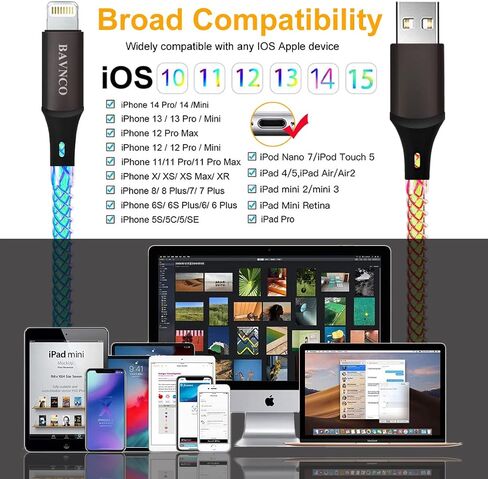 MFi Certified iPhone Cable, 3.3ft RGB Color Light Up Gradual Lightning Charger Cable USB Fast Charging High Speed Data Sync Cord for iPhone 14 13 12 11 Pro Max XR XS X 8 7 6 Plus, iPad More in Saudi Arabia