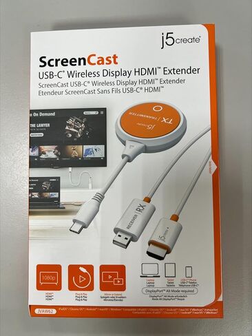 j5create ScreenCast USB-C إلى HDMI جهاز إرسال واستقبال لاسلكي للعرض، يدعم 1080 بكسل، مناسب لـ iPhone15، MacBook، iPad Pro، Chromebook، أجهزة الكمبيوتر المحمولة USB-C، وAndroid (JVAW62) in Saudi Arabia