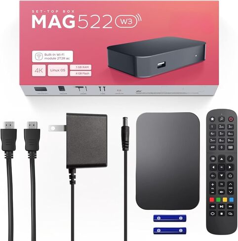 Raxxio MAG522w3 Linux 4.9 Set-Top Box - مجموعة شرائح Amlogic S905X2 مع ذاكرة الوصول العشوائي DDR3 سعة 1 جيجابايت، وذاكرة فلاش 4 جيجابايت، ودعم 4K وHEVC، ثنائي النطاق 2.4G/5G 2T2R ac WiFi، USB 2.0/3.0، وكابل HDMI وجهاز تحكم عن بعد in Kuwait