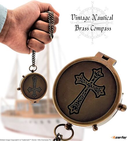 بوصلة بحرية على شكل صليب يسوع منقوش عليها بوصلة ملاحية بحرية عتيقة من النحاس الصلب مع صندوق خشبي in Kuwait