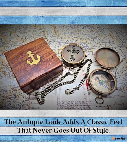 بوصلة بحرية على شكل صليب يسوع منقوش عليها بوصلة ملاحية بحرية عتيقة من النحاس الصلب مع صندوق خشبي in Kuwait