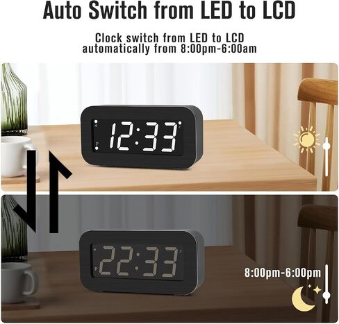 ساعة منبه رقمية تعمل بالبطارية - شاشة LCD/LED قابلة للتبديل، كابل DC متضمن، سطوع LED مزدوج، قيلولة بعد الظهر، 12/24 ساعة in Kuwait
