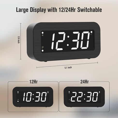 ساعة منبه رقمية تعمل بالبطارية - شاشة LCD/LED قابلة للتبديل، كابل DC متضمن، سطوع LED مزدوج، قيلولة بعد الظهر، 12/24 ساعة in Kuwait