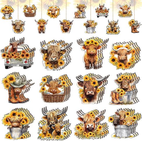 36 Pcs Summer Highland Cow Ornament Wooden Spring Sunflower Cow Decoration for Tree Cartoon Cattle Decorative Hanging Cow Wood Cutouts Pendant Summer Decor for Tree Car Holiday Decor in Saudi Arabia