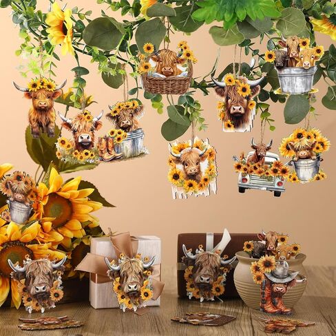 36 Pcs Summer Highland Cow Ornament Wooden Spring Sunflower Cow Decoration for Tree Cartoon Cattle Decorative Hanging Cow Wood Cutouts Pendant Summer Decor for Tree Car Holiday Decor in Saudi Arabia