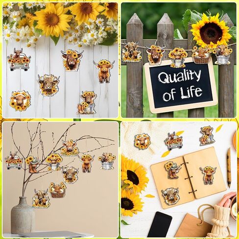 36 Pcs Summer Highland Cow Ornament Wooden Spring Sunflower Cow Decoration for Tree Cartoon Cattle Decorative Hanging Cow Wood Cutouts Pendant Summer Decor for Tree Car Holiday Decor in Saudi Arabia