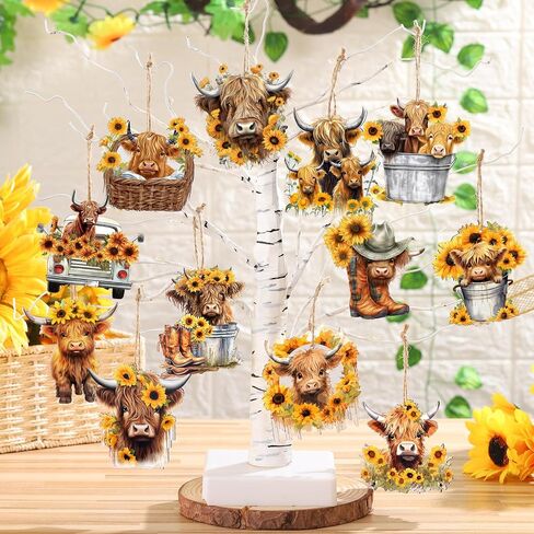 36 Pcs Summer Highland Cow Ornament Wooden Spring Sunflower Cow Decoration for Tree Cartoon Cattle Decorative Hanging Cow Wood Cutouts Pendant Summer Decor for Tree Car Holiday Decor in Saudi Arabia