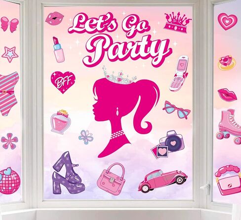 ملصقات نافذة من AnyDesign Hot Pink Princess Girl مكونة من 9 ورقات Let's Go Party ملصقات نافذة مزدوجة الجانب قابلة للإزالة للنساء وحفلات أعياد الميلاد وحفلات العزوبية لتزيين زجاج الحائط، 7.8 × 11.8 بوصة in Kuwait