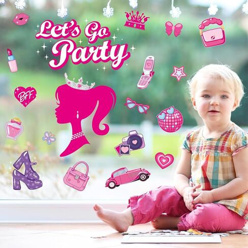 ملصقات نافذة من AnyDesign Hot Pink Princess Girl مكونة من 9 ورقات Let's Go Party ملصقات نافذة مزدوجة الجانب قابلة للإزالة للنساء وحفلات أعياد الميلاد وحفلات العزوبية لتزيين زجاج الحائط، 7.8 × 11.8 بوصة in Kuwait