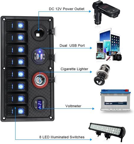 WATERWICH 8 Gang Marine Boat RV Ignition Rocker Switch Panel with 12-24V LED Voltmeter Dual USB Charger Adapter Cigarette Lighter Socket Waterproof for Car Vehicle Truck Yacht in Saudi Arabia
