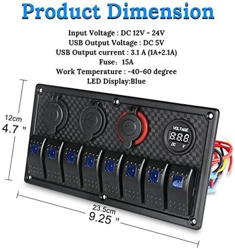 WATERWICH 8 Gang Marine Boat RV Ignition Rocker Switch Panel with 12-24V LED Voltmeter Dual USB Charger Adapter Cigarette Lighter Socket Waterproof for Car Vehicle Truck Yacht in Saudi Arabia