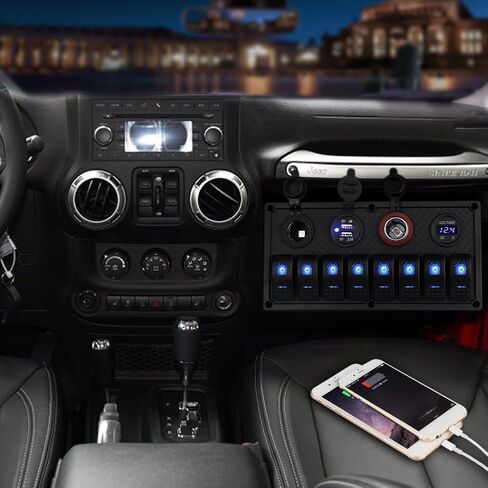 WATERWICH 8 Gang Marine Boat RV Ignition Rocker Switch Panel with 12-24V LED Voltmeter Dual USB Charger Adapter Cigarette Lighter Socket Waterproof for Car Vehicle Truck Yacht in Saudi Arabia