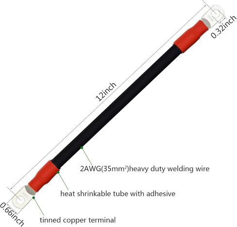 2 قطعة 2 AWG كابلات عاكس طاقة البطارية، طرف نحاسي معلب، جيد للطاقة الشمسية، السيارات، RV، الدراجات النارية، السيارات والبحرية (8 بوصة، 3/8 عروة) in Kuwait