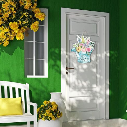 Whaline Hello Spring لافتة تعليق للباب ديكور زهرة خشبية لافتة ترحيب، لافتة ترحيب، ديكور باب الربيع، زهور المزرعة، علامة خشبية لقضاء العطلات، المنزل، المقهى، باب نافذة المخبز in Saudi Arabia