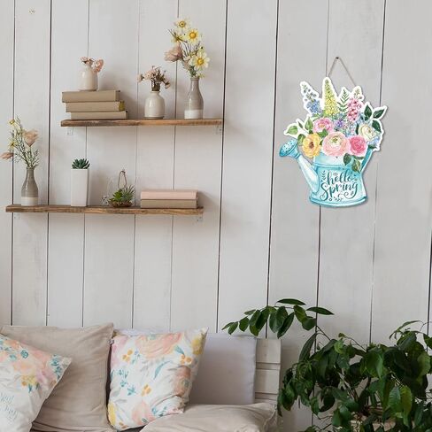 Whaline Hello Spring لافتة تعليق للباب ديكور زهرة خشبية لافتة ترحيب، لافتة ترحيب، ديكور باب الربيع، زهور المزرعة، علامة خشبية لقضاء العطلات، المنزل، المقهى، باب نافذة المخبز in Saudi Arabia
