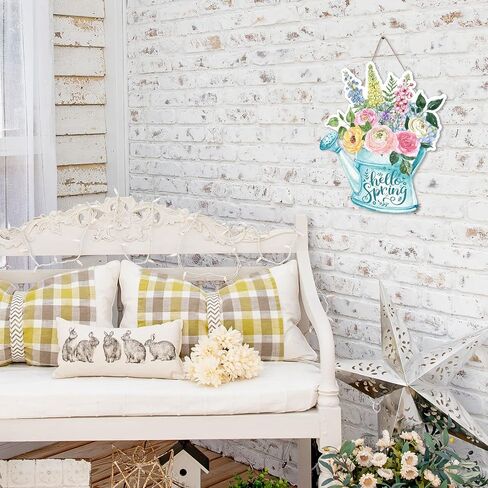 Whaline Hello Spring لافتة تعليق للباب ديكور زهرة خشبية لافتة ترحيب، لافتة ترحيب، ديكور باب الربيع، زهور المزرعة، علامة خشبية لقضاء العطلات، المنزل، المقهى، باب نافذة المخبز in Saudi Arabia