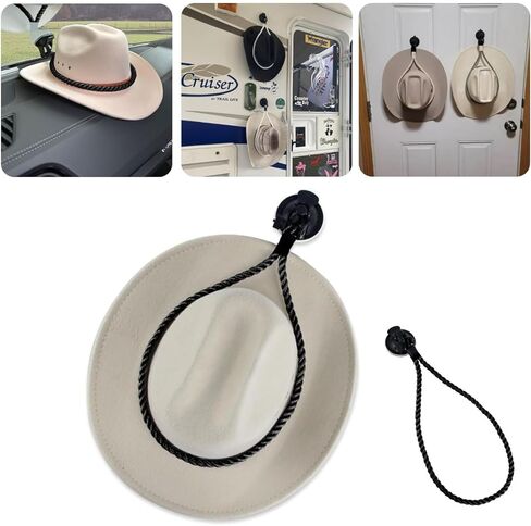 Cxtiy 2024 حوامل قبعة جديدة، حامل قبعة رعاة البقر مع كوب شفط حبل متين حامل قبعة رعاة البقر العالمي منظم شماعات القبعة يحافظ على شكل القبعة لشاحنة السيارة (أسود) in Kuwait