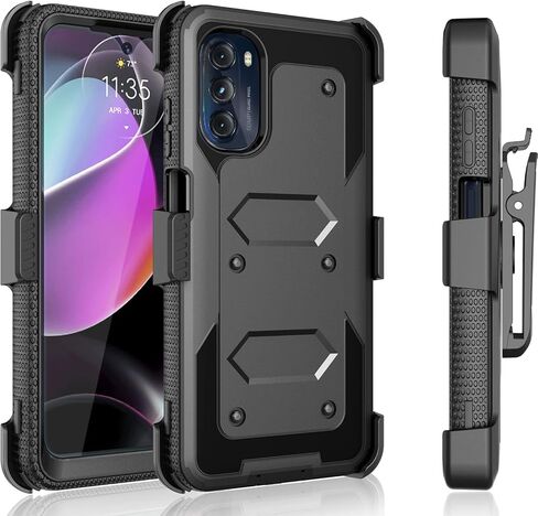 Tekcoo for Motorola Moto G 5G 2022 | Moto G (2022) | XT2213 Case Holster Clip, [Tshell] Shock Absorbing [Built-in Screen] [Kickstand Locking Belt] Secure Swivel Full Body Carrying Covers - Black in Saudi Arabia