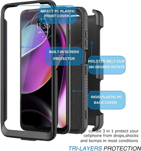 Tekcoo for Motorola Moto G 5G 2022 | Moto G (2022) | XT2213 Case Holster Clip, [Tshell] Shock Absorbing [Built-in Screen] [Kickstand Locking Belt] Secure Swivel Full Body Carrying Covers - Black in Saudi Arabia