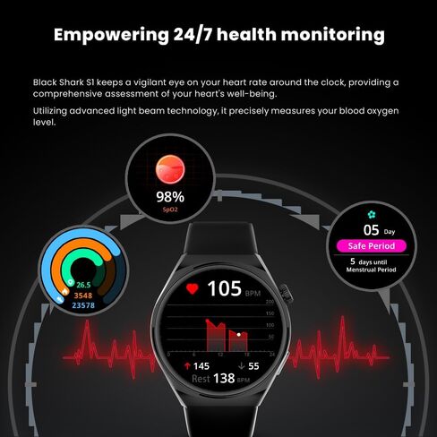 ساعة ذكية Black Shark S1، شاشة AMOLED مقاس 1.43 بوصة، مكالمة بلوتوث ENC، عمر البطارية 10 أيام، وضع أكثر من 100 نقطة، مراقبة الصحة على مدار 24 ساعة، IP68، أسود in Kuwait