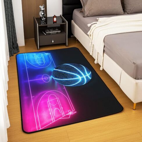 Kids Basketball Area Rug 3'x5',Ball Sports Basketball Hoop Decor Non Shedding Rug for Kids Teen Adults,Neon Light Geometry Decorative Carpet for Playroom Bedroom Dining Room in Kuwait