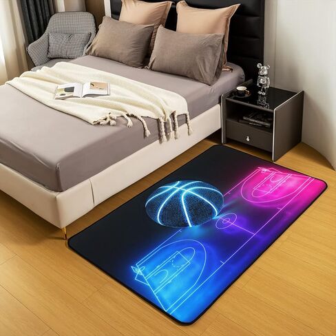 Kids Basketball Area Rug 3'x5',Ball Sports Basketball Hoop Decor Non Shedding Rug for Kids Teen Adults,Neon Light Geometry Decorative Carpet for Playroom Bedroom Dining Room in Kuwait