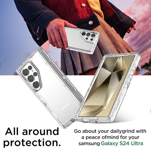 حافظة AICase لهاتف Samsung Galaxy S24 Ultra شفافة، متينة وشديدة التحمل مكونة من 3 طبقات [غير صفراء] [حماية من السقوط من الدرجة العسكرية] غطاء واقٍ مقاوم للصدمات/السقوط لهاتف Samsung Galaxy S24 Ultra 6.8" 5G in Kuwait