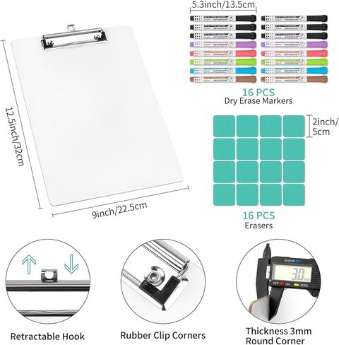 Dry Erase Clipboard 16 Pack Hardboard Whiteboard with Markers and Erasers Multi Pack 12.5 x 9 Inch ECO Friendly Clip Board Home School Office Supplies in Kuwait
