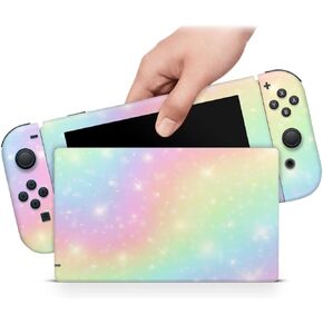 ZOOMHITSKINS Compatible with Switch Skin Cover Rainbow Pastel Stars Yellow Pink Green Vinyl Decal Sticker Wrap, Made in The USA