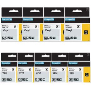 Rhino 5200 Industrial Vinyl Labels Replacement for Dymo Rhino 18445 Vinyl 3/4 Inch Permanent Label Tape Work for 4200 5000 5200 6000 Label Maker, Black on White, 19mm x 5.5m, 9-Pack