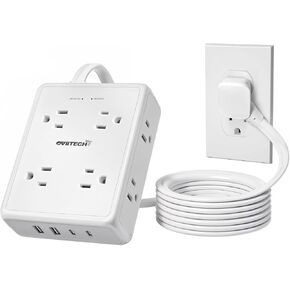 Surge Protector Flat Extension Cord Power Strip 6Ft, 8 Outlets with 4USB Ports (2 USB-C), 1350 Joules Protection, Ideal for Office, Home, White