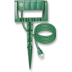 Outdoor Power Stake, 3 Grounded Outlets with 90º Rotating Function and Safety Cover, 6FT Cord, UL Listed, Green