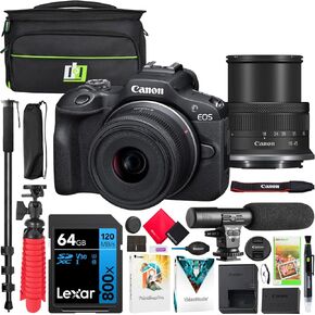 كاميرا Canon EOS R100 Mirrorless Camera مع RF-S 18-45mm F4.5-6.3 هي حزمة STM Lens (متجددة) مع حقيبة التصوير الفوتوغرافي Deco + Microphone + Monopod + برنامج وملحقات إكسسوارات