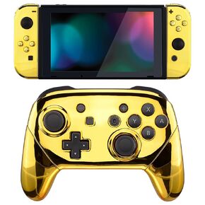 eXtremeRate Chrome Gold Replacement Full Set Shell for Nintendo Switch & Switch Pro Controller - Console Controller NOT Included