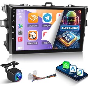 [2+64G] Aftermarket Radio for Toyota Corolla 2006-2012, 9 inch Touch Screen Android Car Stereo - Wireless Carplay and Andorid Auto, 5G/WiFi, GPS, Split Screen, Multi-UI, SWC + Rear View Camera