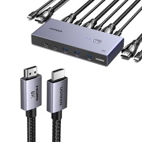 UGREEN 8K@60Hz HDMI KVM SWEST مع 4 منافذ USB 3.0 (3 USB-A + 1 USB-C) مفتاح USB لأجهزة الكمبيوتر 2 مشاركة 1 حزمة الماوس لوحة المفاتيح مع 8K HDMI 2.1 كابل 48 جيجا بايت في الثانية 6.6 قدم