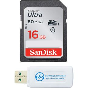 SanDisk Ultra SDHC 16GB SD Card for Nikon Compact Camera Works with P950, W150, B600, A1000 Class 10 (SDSDUNR-016G-GN6IN) Bundle with (1) Everything But Stromboli SD & Micro Memory Card Reader