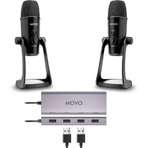 Movo USB Podcast Equipment Bundle for 2 – USB Interface with 2 UM700 Condenser Microphones – 4-Port Powered Hub for Streaming, Podcasting, Interviews (with 2 Microphones)