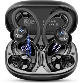 Wireless Earbuds, Bluetooth 5.4 Headphones Stereo Deep Bass with Earhooks, 50H Bluetooth Ear Buds with Noise Cancelling Mic, Fast Charging Digital Display IP7 Waterproof Earphones for Workout/Sports