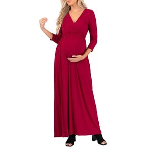 Mother Bee Maternity V-Neck 3/4 Sleeve Ruched Waist Dress in Kuwait