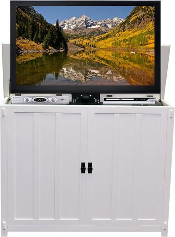 Touchstone Elevate TV Lift Cabinet-Model 72013-يناسب أجهزة التلفزيون حتى 50 بوصة قطري (عرض 45 بوصة)-Mission White Finish-SRV 3900 Lift-Wired & RF Remote-Alexa Compatible in Saudi Arabia
