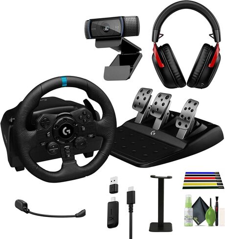 Logitech G G923 Trueforce Sim Racing Wheel and Descsions للكمبيوتر الشخصي ، PS4 & PS5 + Hyperx Cloud III Wireless Gaming Headset C920x HD Pro Web Bundle مع حامل سماعة الرأس + المزيد in Saudi Arabia